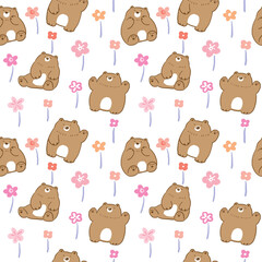 Seamless Pattern with Cute Cartoon Bear and Flower Illustration Design on White Background