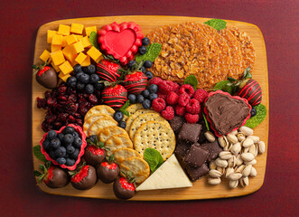 A Chocolate Covered Strawberries and Cheese Sweet Charcuterie Board on a Red Table
