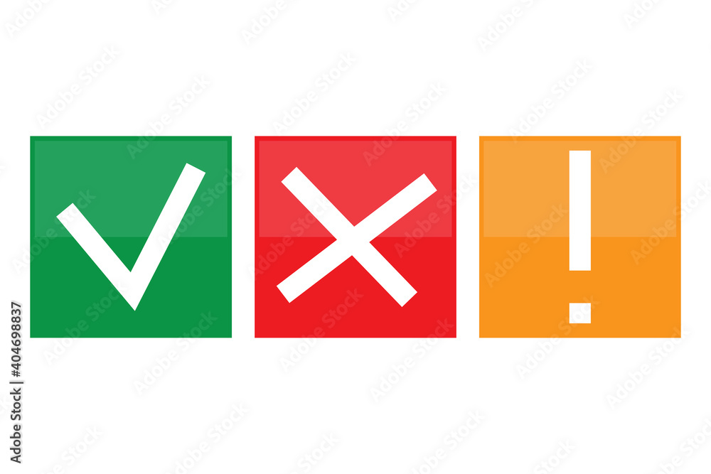 Poster check mark cross exclamation. vector set. website icon symbol. red cross sign. stock image. eps 10.