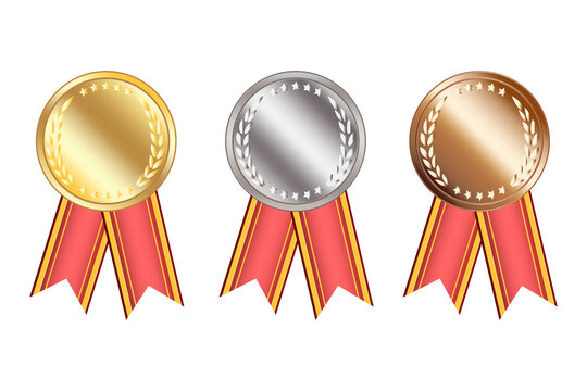 Blank medals with ribbons for game design. First place trophy. Game golden, silver, bronze medal. Stock image. EPS 10.
