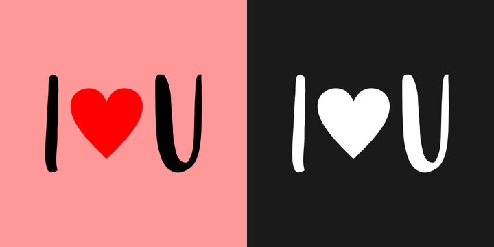 red heart beetwen letter I and U, love confession, valentine greeting card