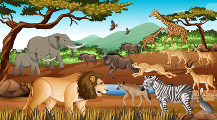 Gruppe wilder afrikanischer Tiere in der Waldszene © blueringmedia