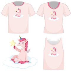 Cute pink unicorn logo on different white shirts isolated on white background