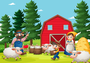 Happy family in farm scene in cartoon style