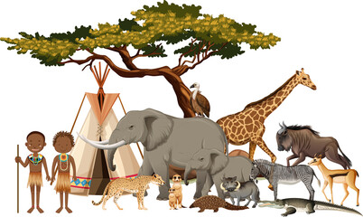 Afrikanischer Stamm mit einer Gruppe wilder afrikanischer Tiere auf weißem Hintergrund © blueringmedia