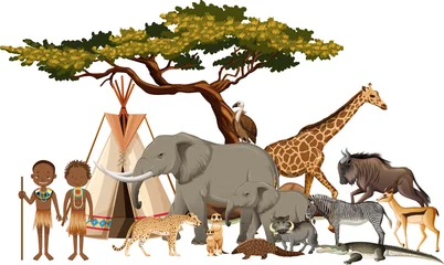 Afrikanischer Stamm mit einer Gruppe wilder afrikanischer Tiere auf weißem Hintergrund © blueringmedia