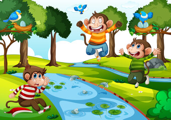 Three little monkeys jumping in the park scene