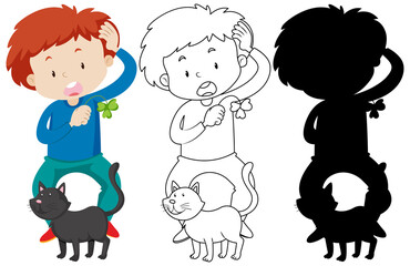 Boy playing with cat in colour and silhouette and outline