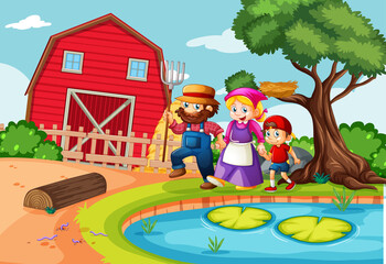 Happy family in farm scene in cartoon style
