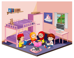 Kids in the bedroom in pink theme scene on white background