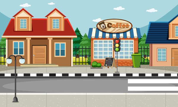 Street side scene with house and coffee shop scene