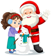 Santa Claus with girl creating snowman on white background