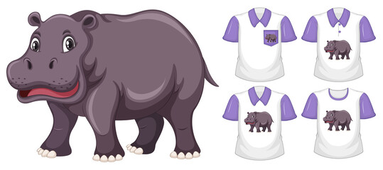 Hippopotamus in stand position cartoon character with many types of shirts on white background