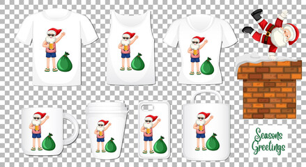 Santa Claus dancing cartoon character with set of different clothes and accessories products on transparent background
