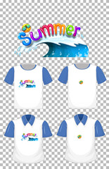 Summer font logo design for shirts with set of different shirts isolated on transparent background