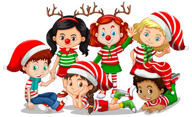 Children wear Christmas costume cartoon character on white background