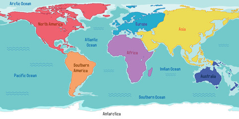 World map with continents names and oceans