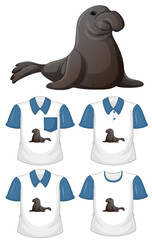 Manatee cartoon character with many types of shirts on white background