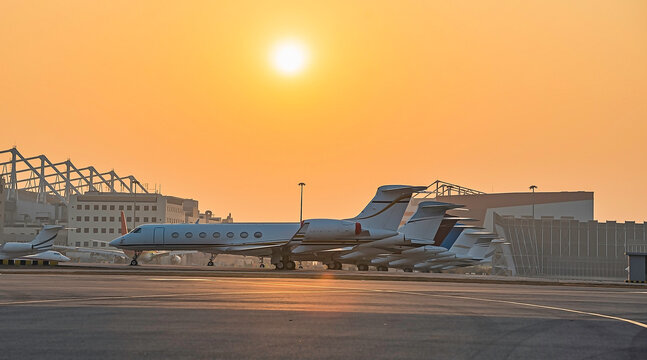 Private business jets line up parking at parking stand 