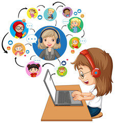 Side view of a girl using laptop for communicate video conference with teacher and friends on white background