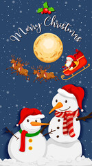 Fototapeta na wymiar Two snowman with merry christmas font at night