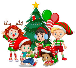 Obraz na płótnie Canvas Children wear Christmas costume cartoon character with Christmas tree on white background