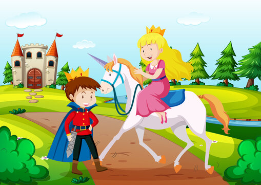 Prince and princess in fairytale land scene