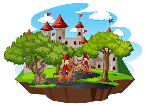 Fairytale scene with castle and soldier royal guard on white background