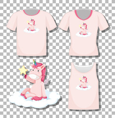 Cute unicorn sit on the cloud cartoon character with set of different shirts isolated on transparent background