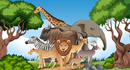 Gruppe wilder afrikanischer Tiere in der Waldszene © blueringmedia
