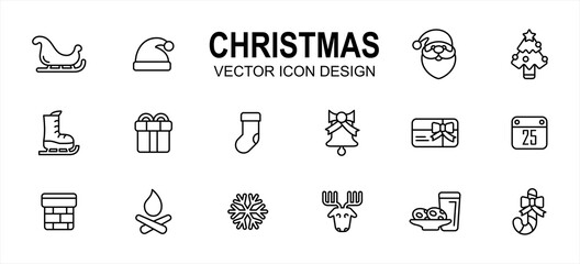 Simple Set of christmas shop Related lineal style Vector icon user interface graphic design. Contains such Icons as sled, santa hat, santa clause, ski shoes, gift box, sock, chimney, deer, snowflake