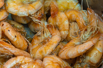 Close up photo of cooked prawns or shrimps