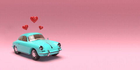 Retro toy model car with hearts on pink background. 14 February Valentines day delivery concept. 8 March World woman day. 3d illustration