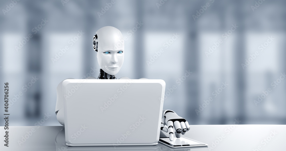 Aufkleber robot humanoid use laptop and sit at table in future office while using ai thinking brain , artifici