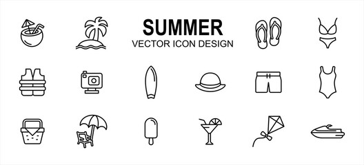 Simple Set of summer beach shop Related lineal style Vector icon user interface graphic design. Contain such Icons as coconut drink, beach, slipper, sandal, bikini, swimsuit, surf board, picnic basket