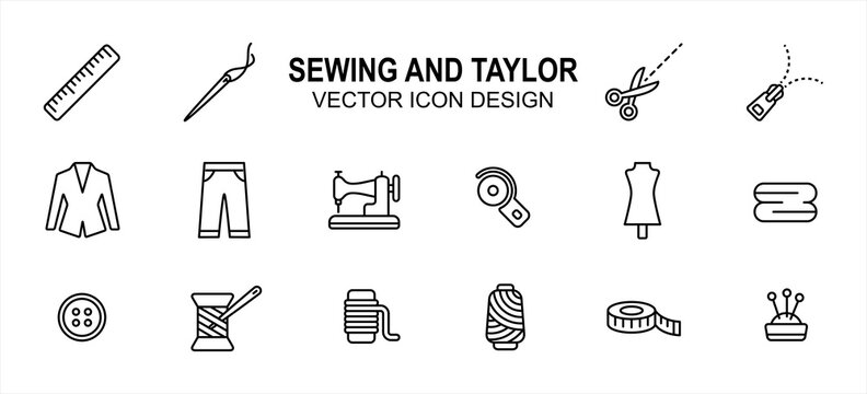 Simple Set of sewing and taylor Related lineal style Vector icon user interface graphic design. Contains such Icons as sewing machine, scissor, tuxedo, pant, disc cutter, dummy, button, measure tape