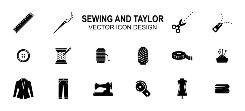 Simple Set of sewing and taylor Related style Vector icon user interface graphic design. Contains such Icons as sewing machine, scissor, tuxedo, pant, disc cutter, dummy, button, measure tape