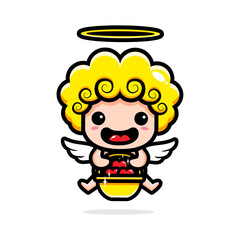 The cute cupid character design carries a fruit basket filled with fresh fruit