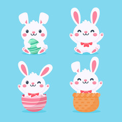 Cartoon cute little rabbit hugging easter egg Isolated on background