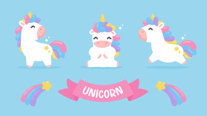 Cute unicorn horse cartoon set With a rainbow pastel shooting star Isolated on background
