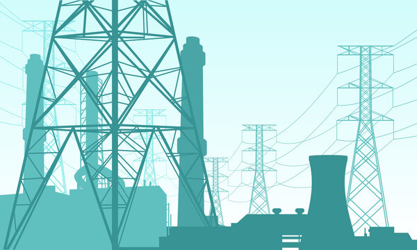 Vector illustration of a power plant site. Suitable for design elements from power companies, large power grids, and energy supply backgrounds. Silhouette of high voltage tower, nuclear power plant.