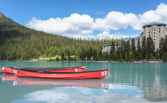 Red Canoe On Lake Louise