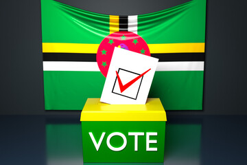 Obraz premium 3d illustration of a ballot box or ballot box, into which a ballot bill falls from above, with the Dominica national flag in the background. Voting and choice concept