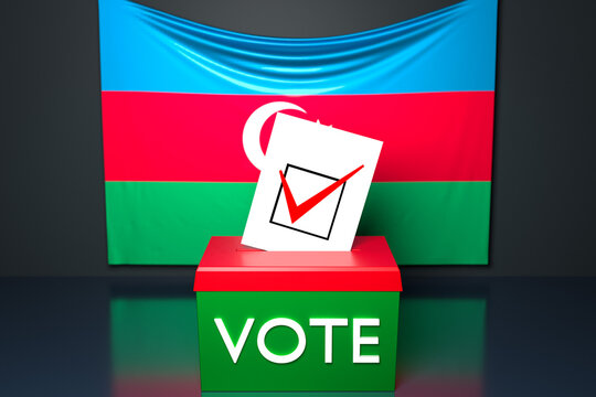 3d illustration of a ballot box or ballot box, into which a ballot bill falls from above, with the Azerbaijan national flag in the background. Voting and choice concept