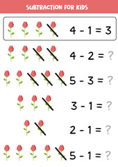 Subtraction game for kids with cartoon rose flower.