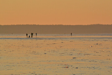 Fototapeta na wymiar Winter Sea Golden Sunset. People walk on the ice on the snow-covered frozen field of the reservoir.