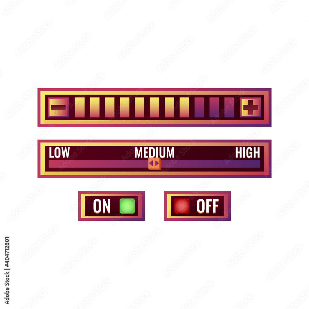 Fototapete set of funny purple game ui control setting panel with on off button and progress menu for gui asset
