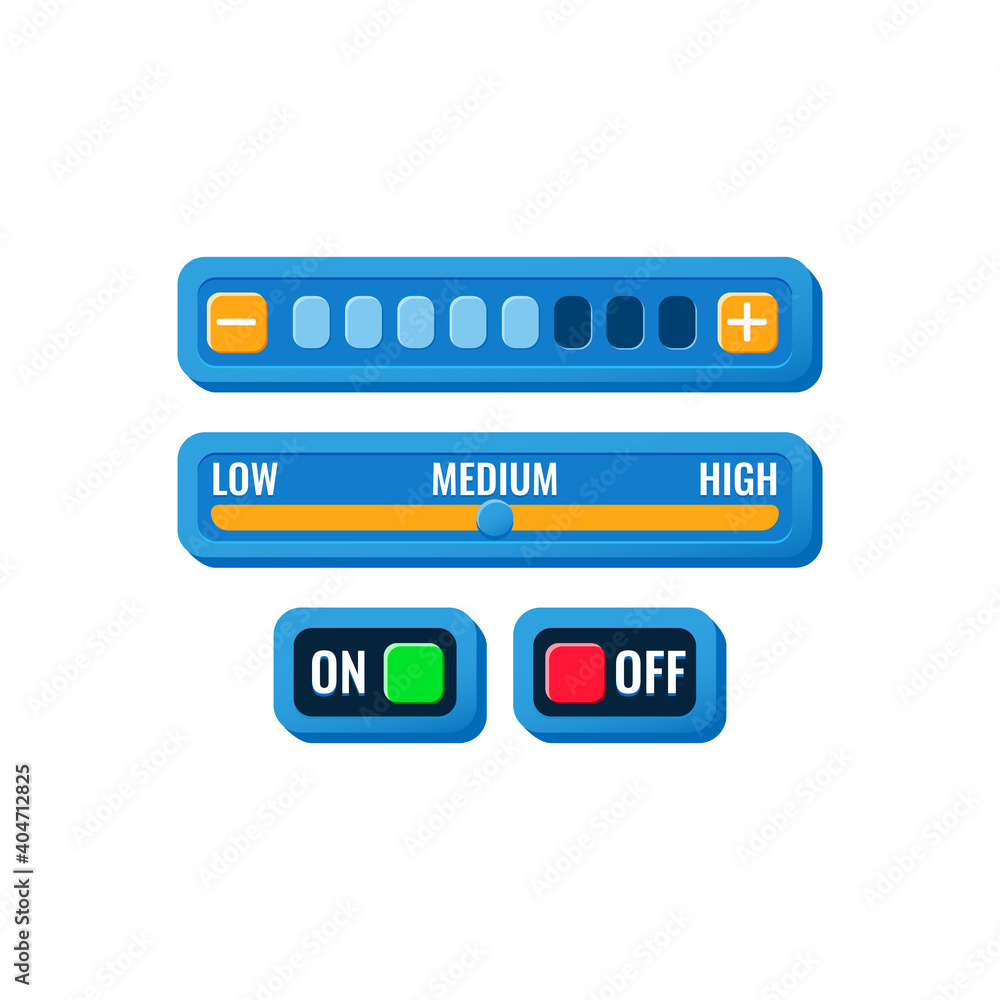 Poster set of funny purple game ui control setting panel with on off button and progress menu for gui asset