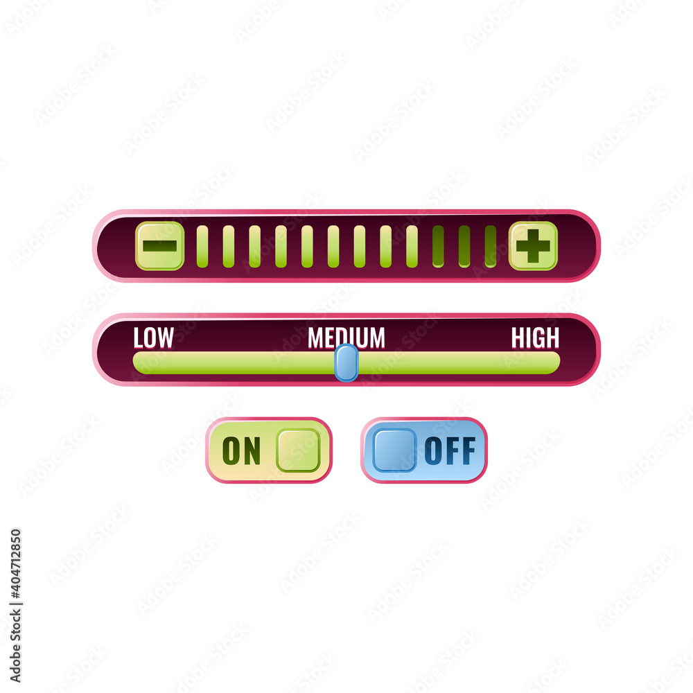 Aufkleber set of funny pink game ui control setting panel with on off button and progress menu for gui asset e