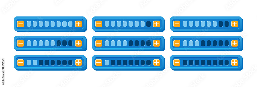 Poster set of funny purple game ui progress bar panel with increase and decrease button for gui asset eleme